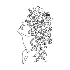 Abstract face with flowers by one line vector drawing. Portrait minimalistic style. Botanical print. Nature symbol of cosmetics. Modern continuous line art. Fashion print. Beaty salon logo.