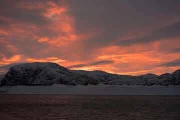 arctic ocean at sunset in winter