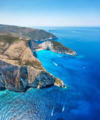 View of Navagio beach, Zakynthos Island, Greece. Aerial landscape. Azure sea water. Rocks and sea....