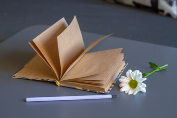A notebook made of brown craft paper with a lilac pencil and a white chrysanthemum flower on a gray table in the interior of a home room