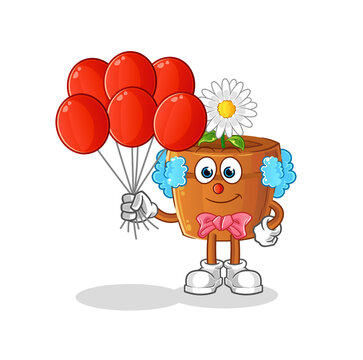 recommend clip art: flower pot clown with balloons vector. cartoon character