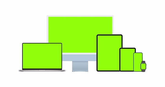 Modern Animated Devices Mockups: PC, Laptop, Tablet Computers, Phone, Smart Watch with Green Screens