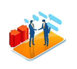 Business people Handshake. Success in business. Isometric infographic illustration.