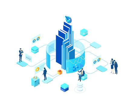 Isometric business environment. Business people, team working in server room, big data analyse, new business, start up, technology, computing, automatisation concept  