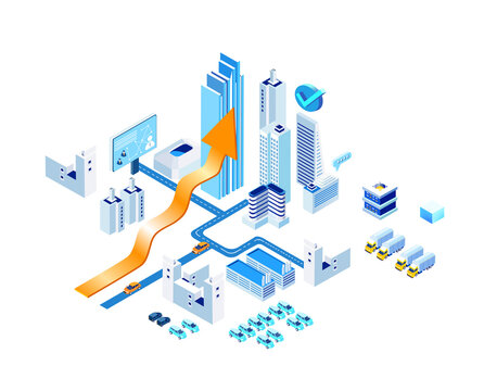 Logistics, supply, delivery, cargo. Business, banking, investments in the City. Isometric 3D business concept environment, with arrow as symbol of growth and success in business