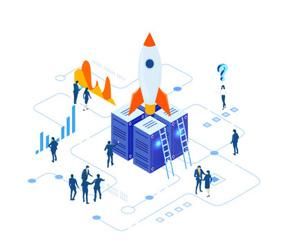 Isometric business environment. Business people, team working around  rocket, new business, start up, technology, computing, automatisation concept  