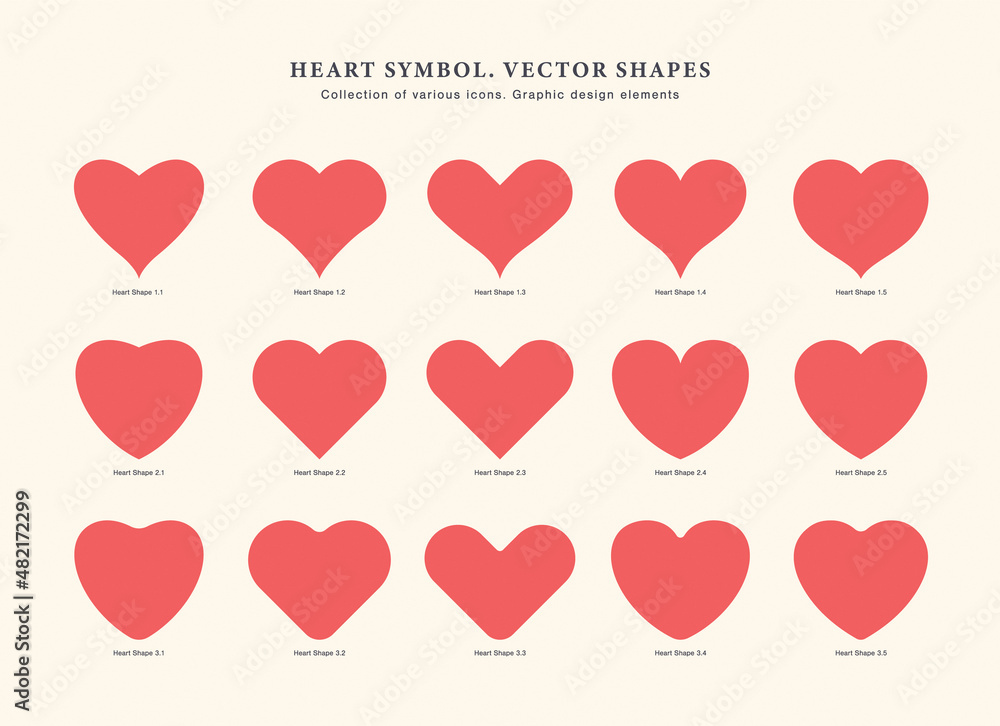 Poster heart symbol vector red shapes collection of various flat icons isolated on light background. valent