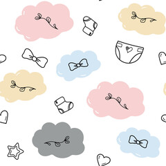 Seamless pattern Elements of hand drawn baby Boy Girl clothes. Cartoon sketch style doodle for icon, banner. 