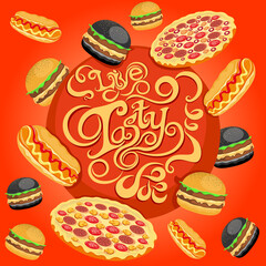 Sphere giving fast, fresh and tasty food, vector illustration on colored background, lettering, burger, black burger, pizza, hot dog