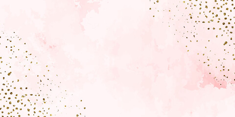 Pink watercolor wet wash splash with gold dust background. Vector illustration template for birthday, wedding, Valentine' s day, Mother's dy, it's a girl card, quotes and much more.