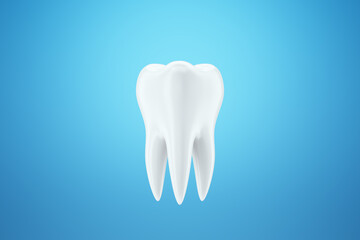 Healthy white tooth, white enamel on a blue background. The concept of dentistry, teeth whitening, protection, oral care, hygiene, healthcare. 3D illustration, 3D render.