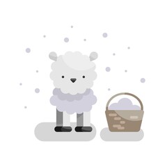 Cute vector illustration with fluffy sheep and wool basket.