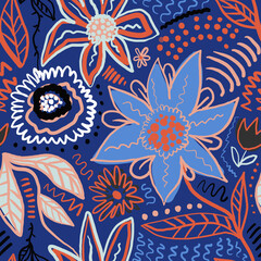 Colorful seamless pattern. Bright illustration in doodle style. Flowers and leaves. Blue, cyan, orange, powder, white and black. Colorful design for printing, printing on clothes.