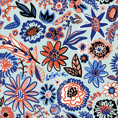 Colorful seamless pattern. Bright illustration in doodle style. Flowers and leaves. Blue, cyan, orange, powder, white and black. Colorful design for printing, printing on clothes.