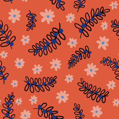 Obraz premium Colorful seamless pattern. Bright illustration in doodle style. Flowers and leaves. Blue, cyan, orange, powder, white and black. Colorful design for printing, printing on clothes.