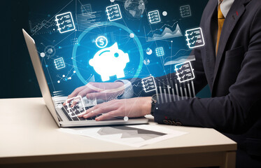 Business hand working on laptop, successful business concept