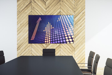 Creative abstract upward arrows hologram on tv display in a modern presentation room, leadership and motivation concept. 3D Rendering
