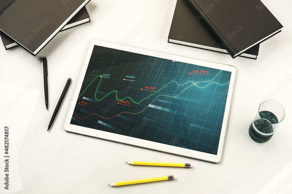 Poster abstract creative stats data concept on modern digital tablet screen. top view. 3d rendering