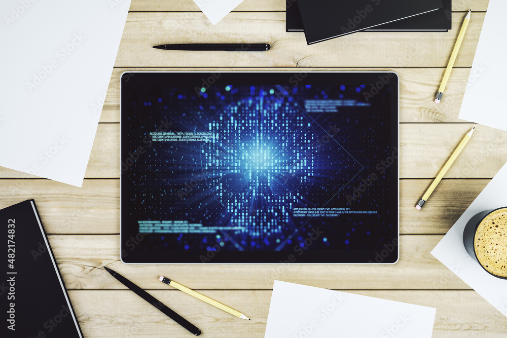 Aufkleber top view of modern digital tablet monitor with creative code skull hologram. malware and cyber crime