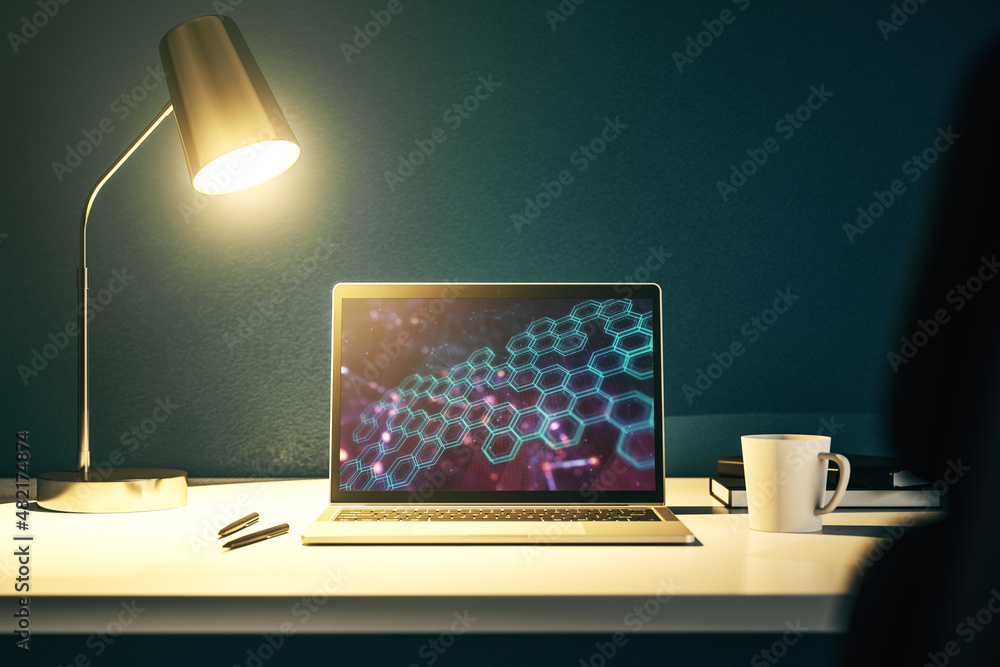 Poster creative abstract technology sketch with hexagon grid on modern laptop monitor, future technology an
