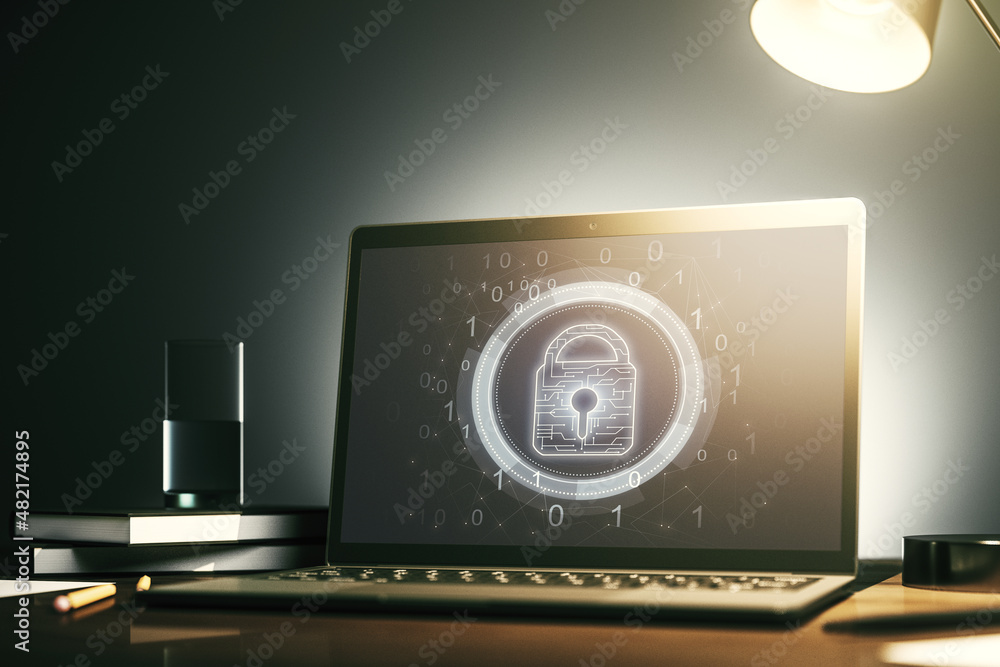 Aufkleber Computer monitor with creative light lock illustration and microcircuit, cyber security concept. 3D Rendering