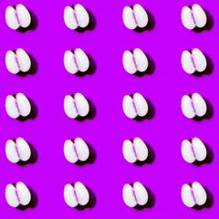 Obraz na płótnie Canvas Juicy healthy Apple pattern on bright purple background. Minimal flat lay food texture. Summer abstract trendy fresh concept.