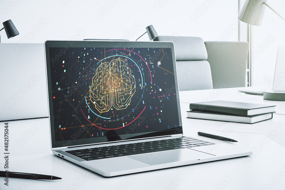 Poster modern computer monitor with creative artificial intelligence symbol. neural networks and machine le