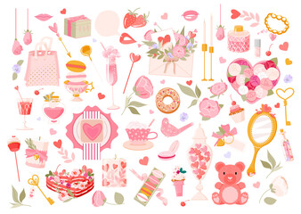 Valentine's day elements vector set. Gift, heart, drink, kiss, key, rose, candy, and others for cards, planner, notes and invitation. Sticker cartoon flat style. Romantic illustration