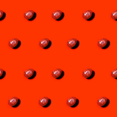 Juicy healthy Apple pattern on bright red background. Minimal flat lay food texture. Summer abstract trendy fresh concept.