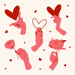 Hands with heart and flower vector set. Happy valentine's day illustration.  Isolated on beige background. Modern flat style sticker