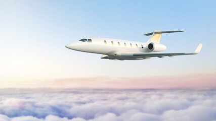 White jetliner flying against backdrop of evening sky. Business jet above clouds, 3D render.