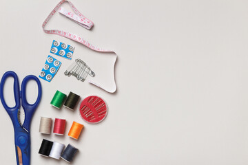 Set of sewing tools and accessories, top view flat lay copy space