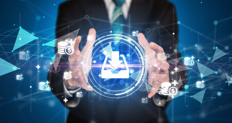 Businessman holdig business icons