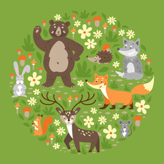 Obraz na płótnie Canvas Forest animals on green backgroun. Wild animals: fox, deer, bear, squirrel, mouse, hedgehog, wolf. .
