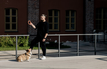 obedient corgi and a man