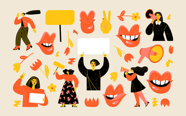 Set of vector images for International Women's Day with girls, girls portraits, flowers, lips and decorative elements.