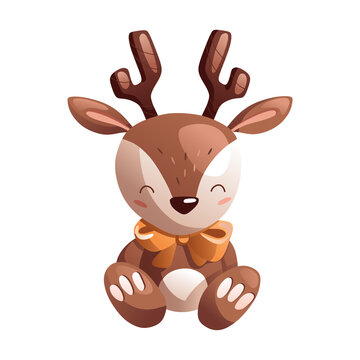 A cartoon cute toy fawn with a bow sits and smiles. Detailed vector illustration.
