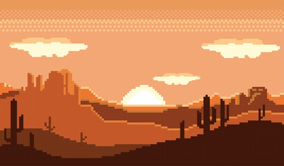 gambar pixel art gurun, suasana panas di sore hari dan ada bayangan pohon kaktus jingga