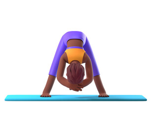 Yoga dark-skinned girl in standing position on white background, cartoon female 3d charcter doing yoga, 3d illustration - obrazy, fototapety, plakaty