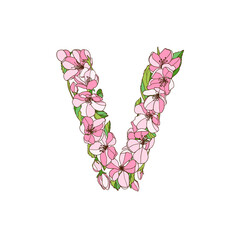 Letter V of apple tree flowers. Vector alphabet