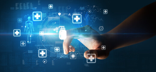 Fototapeta premium Doctor hand pressing futuristic health device with medical symbol on screen