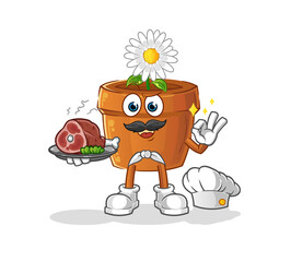 flower pot chef with meat mascot. cartoon vector