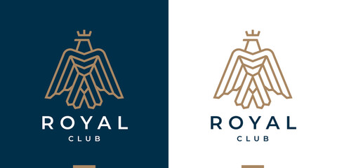 Royal eagle luxury logo. Falcon heraldry brand line icon. Insignia hawk symbol. Gold bird wing emblem. Vector illustration.