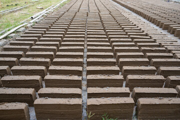 Making bricks from clay. After the clay is molded into bricks, after that it is laid out and dried in the yard in the sun before being burned to make it hard and dry.