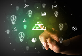 Businessman finger touching on screen multimedia interface with hand drawn currency icons