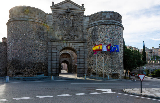 Walls and main entrance gate to the historic city of Toledo. Spain.