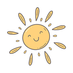 Happy character sunny in cartoon doodle style. Vector sun isolated illustration.