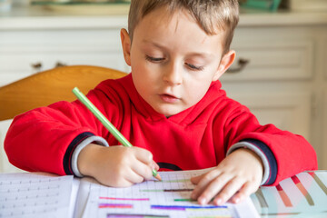 6 years old boy learning at home. Elemantary age caucasian child.