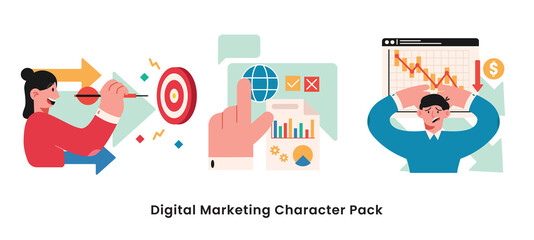 Digital Marketing character illustration. Mega collection of men and women take part in bussines digital marketing . Vector Character Illustration