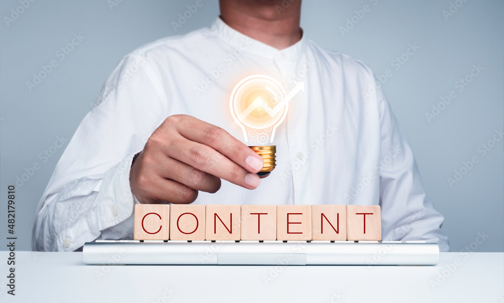 Poster content, digital media online concept. word content on wooden cube block on keyboard computer with b
